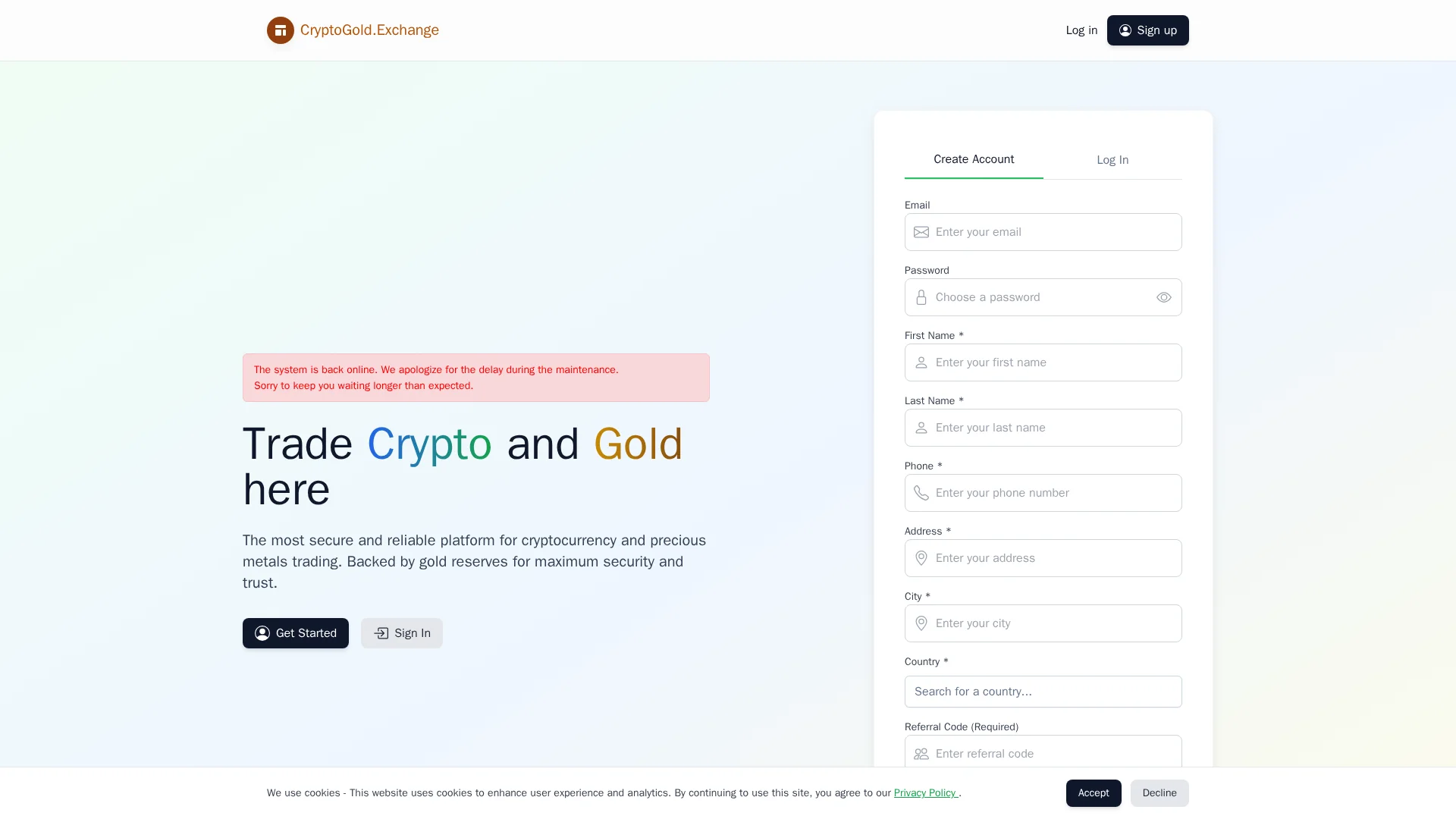 Screenshot of cryptogold.exchange captured at the last scan