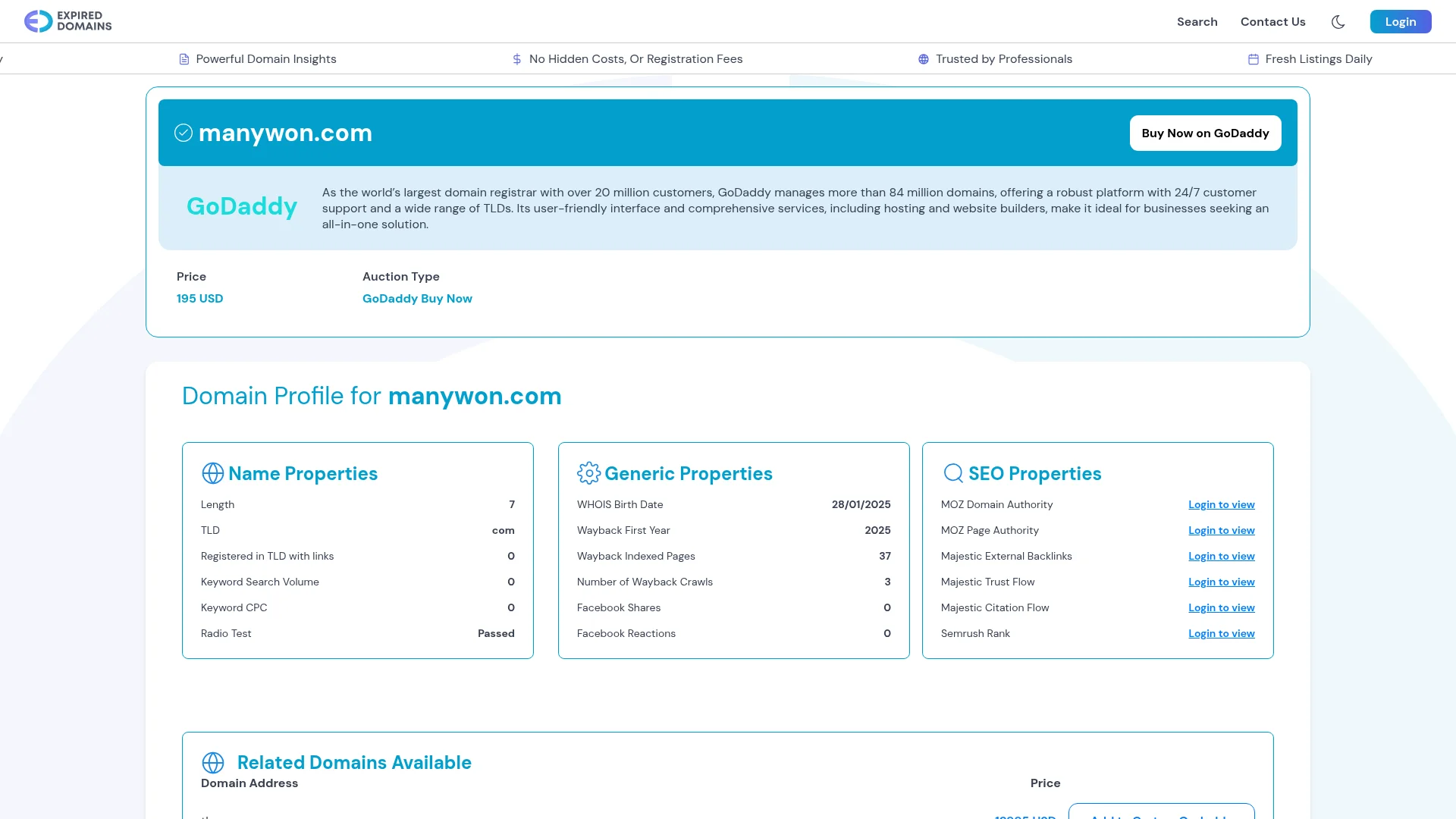 Screenshot of manywon.com captured at the last scan