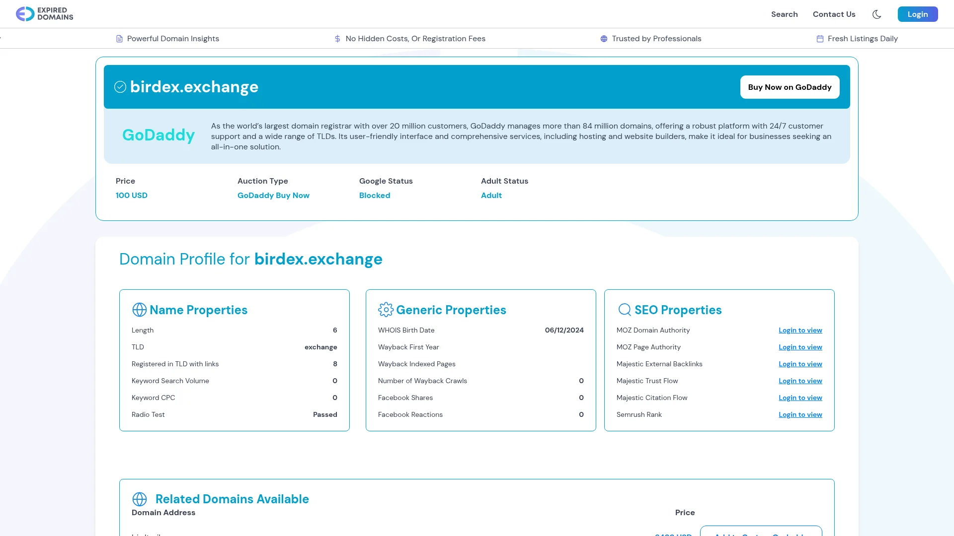 Screenshot of birdex.exchange captured at the last scan