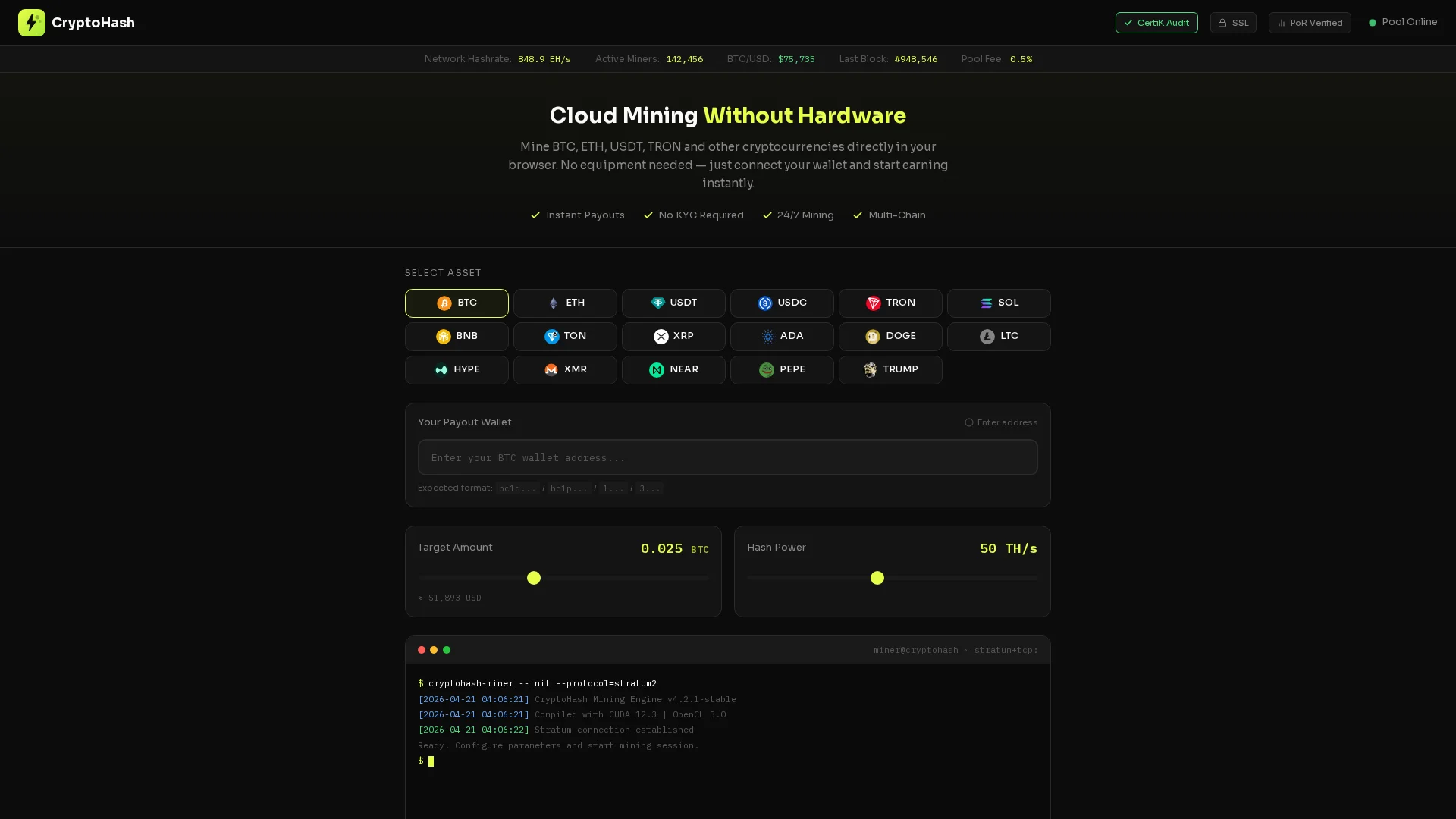 Screenshot of cryptohash.app captured at the last scan